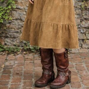 FRYE Heath Disc Harness Distressed Cognac Leather Boots, 6B